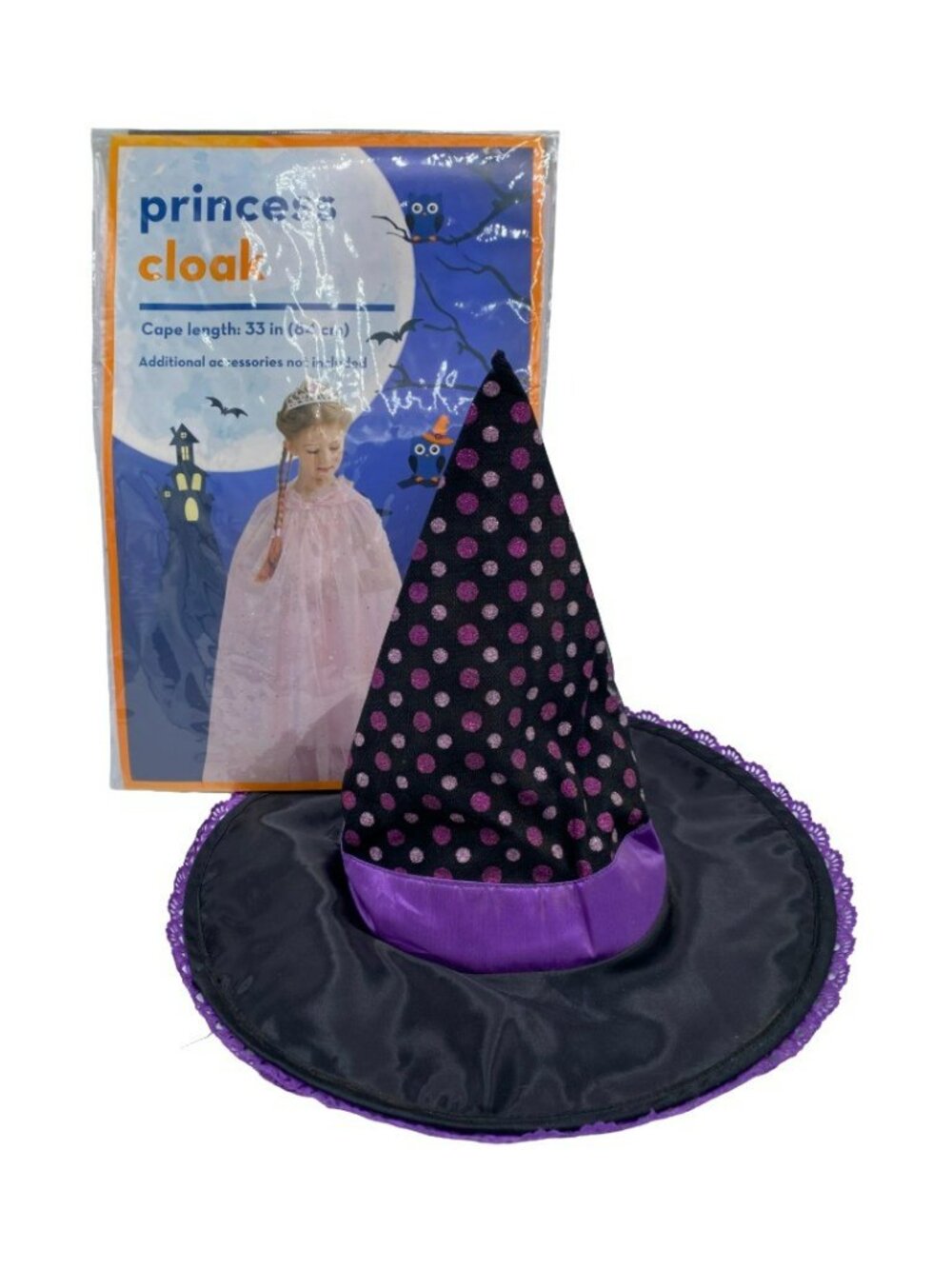 NIP Pink Princess Cape Moons & Stars + Black Purple & Pink Witch Hat Child Size